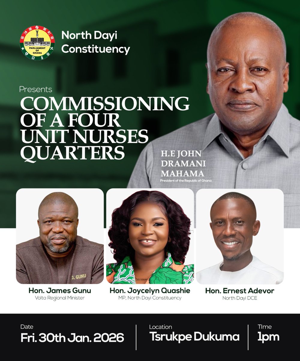 Joy_Quashie_MP's tweet photo. On Friday, 30th January 2026, we shall commission the 4-Unit Nurses Quarters at Tsrukpe Dukuma . A project that aligns directly with our vision for a stronger, more equitable North Dayi.
Our students, trainees and young health professionals deserve decent accommodation and a conducive learning and working environment. This facility will support our nurses, improve healthcare delivery, and enhance teaching and training in the constituency. Development must be people-centered, and this project speaks to that belief.
I extend profound appreciation to H.E. @JDMahama  for his unwavering commitment to human capital development, rural empowerment and progress in the health sector. North Dayi is grateful for intentional leadership.
Joining me for this commissioning event are:
• H.E. John Dramani Mahama — President of the Republic of Ghana
• Hon. James Gunu( @jamesgunu1 )— Volta Regional Minister
• Hon. Ernest Adevor — District Chief Executive, North Dayi
As Member of Parliament for North Dayi, I remain dedicated to improving educational opportunities, strengthening healthcare, and ensuring that our youth have the resources and support needed to excel. Good learning and teaching environments are essential for national development and this is only the beginning.
#NorthDayiRisingWithJoy