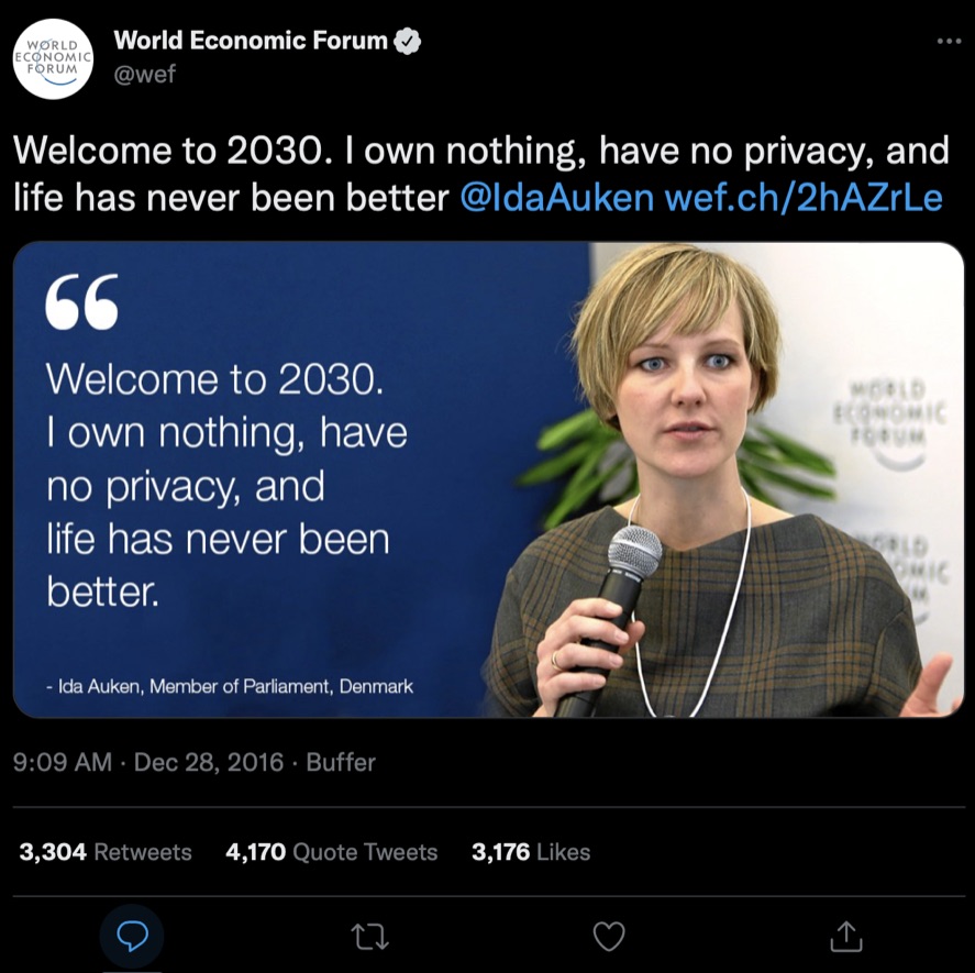 The since deleted famous World Economic Forum (WEF) cult in Davos tweet that started people noticing.