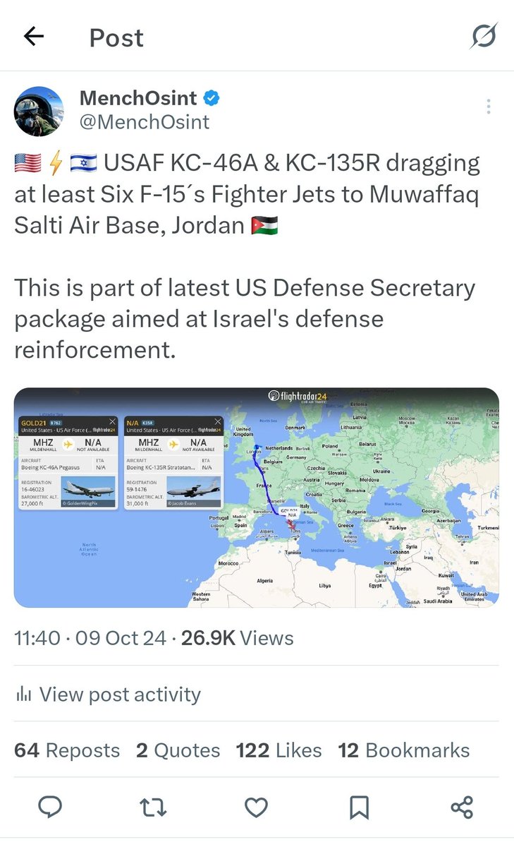 MenchOsint's tweet photo. US CENTCOM announced earlier today that F-15E Strike Eagles arrived in the Middle East (Muwaffaq Salti Air Base, Jordan).

*exact same move that was observed in October 2023 &amp; October 2024 https://t.co/TA7JpcgaxZ