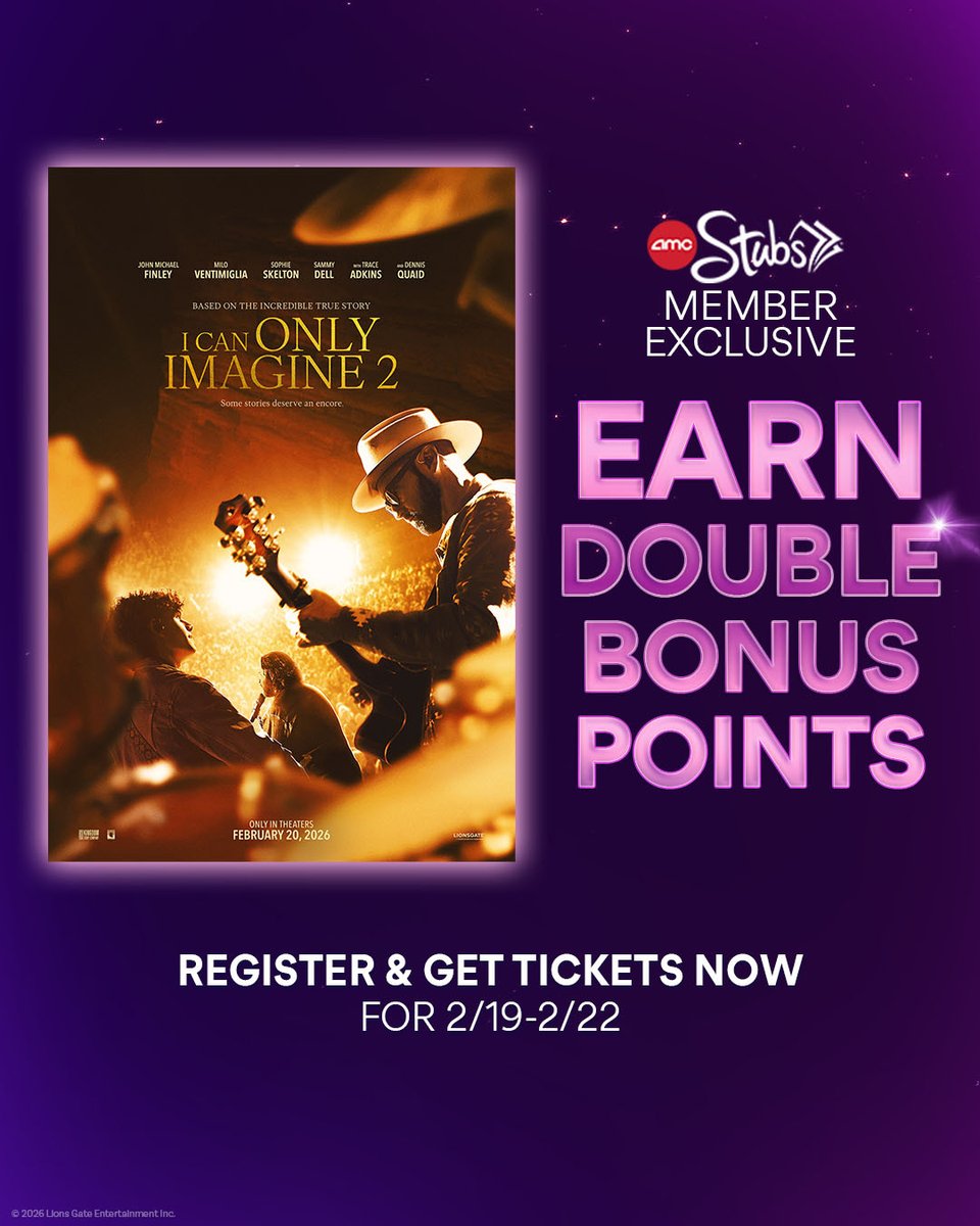 AMCTheatres's tweet photo. Continue the incredible true story of MercyMe's Bart Millard as his world unravels at the peak of his success. Register and get tickets to I CAN ONLY IMAGINE 2 from 2/19-2/22 to earn 2X AMC Stubs® bonus points. https://t.co/rGKlkFa8qp https://t.co/2ePdm37X4e