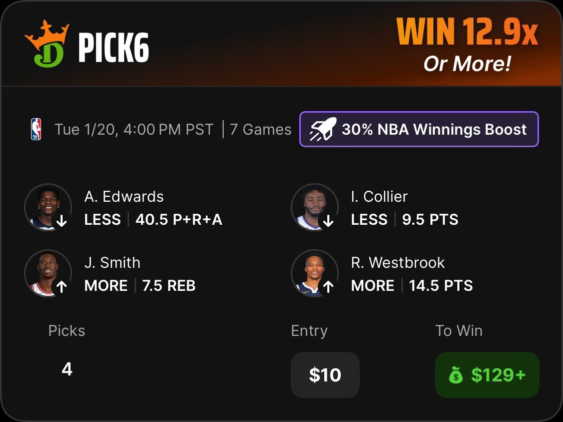BetWithKidKati's tweet photo. DKPick6 NBA 30% Profit Boost Slip!

All plays found on @UpsideTools 

Good luck if tailing 🫡

Check out my DraftKings Pick6 Entry! https://t.co/Vy8l4cLPfv https://t.co/b4BOY4yHdj