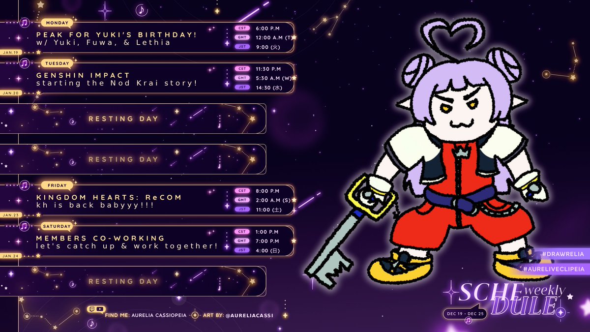 💫 Schedule for January 19 - 25 💫

Kingdom Hearts playthrough is back baby!!!! Let's see if I can actually finish this game as an adult now, or am I still dumb lol

Mon - HBD Yuki!
Tues - Genshin
Fri - KH: ReCoM
Sat - membersssss