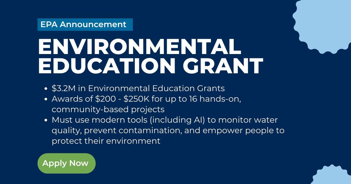 NEEFusa's tweet photo. The @EPA has opened applications for $3.2M in Environmental Education Grants, awarding up to 16 grants of $200K–$250K each for community-focused projects. Visit thttps://www.epa.gov/education/grants to learn more, review FAQs, and access applicant resources. https://t.co/of6OHz42iR