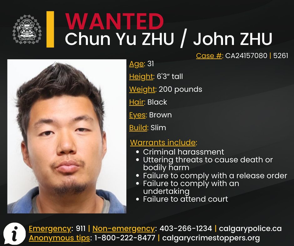 CalgaryPolice's tweet image. 🔴 WANTED 🔴

We are asking the public to help us locate a man wanted on several outstanding warrants in connection with the victimization of people he encountered as a roofing contractor dating back to 2023.

Chun Yu ZHU, who also goes by John ZHU, 31, is wanted on warrants for…