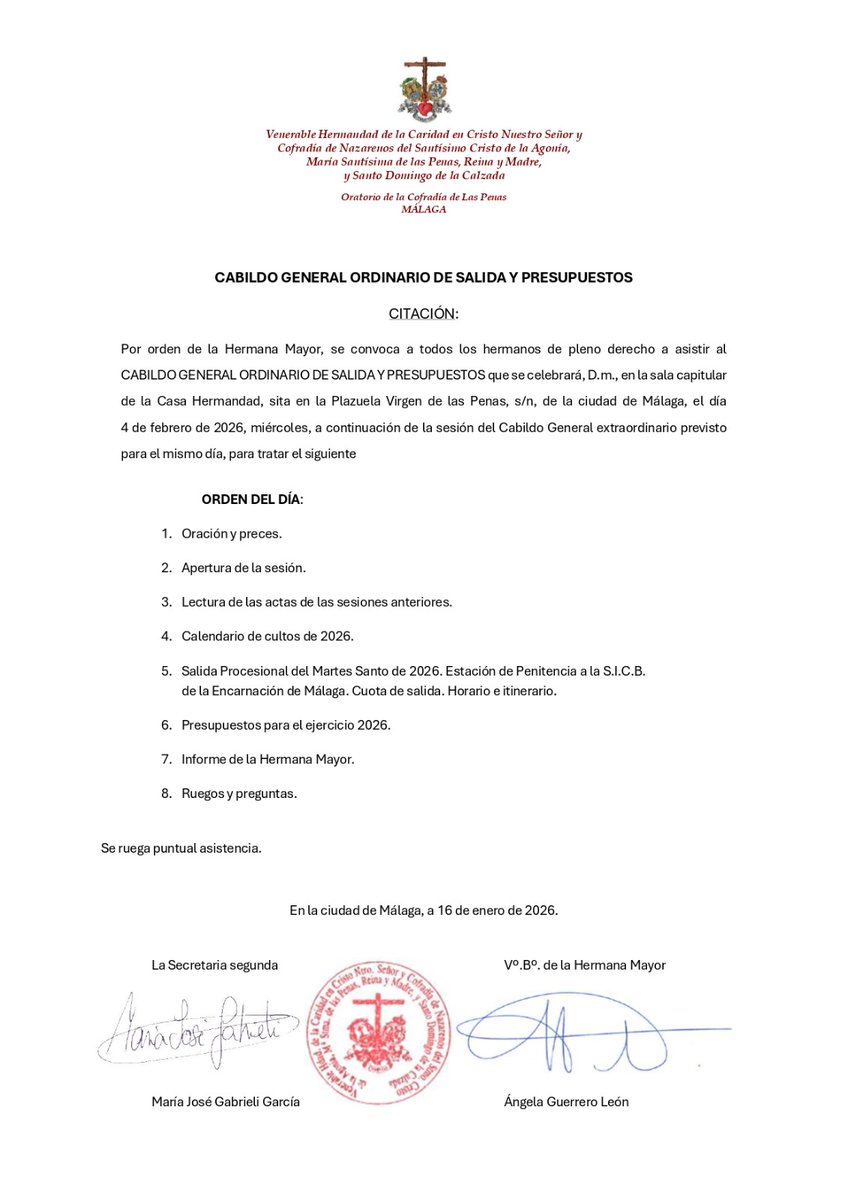 CABILDOS 📌 | 

Citaciones a Cabildo General Extraordinario de varios asuntos y Cabildo General Ordinario de Salida y Presupuestos.

🗓 4 de febrero de 2026, miércoles.

🕒 A partir de las 20:00h en primera convocatoria.

📍Casa Hermandad, sala capitular (2° planta).

#LasPenas