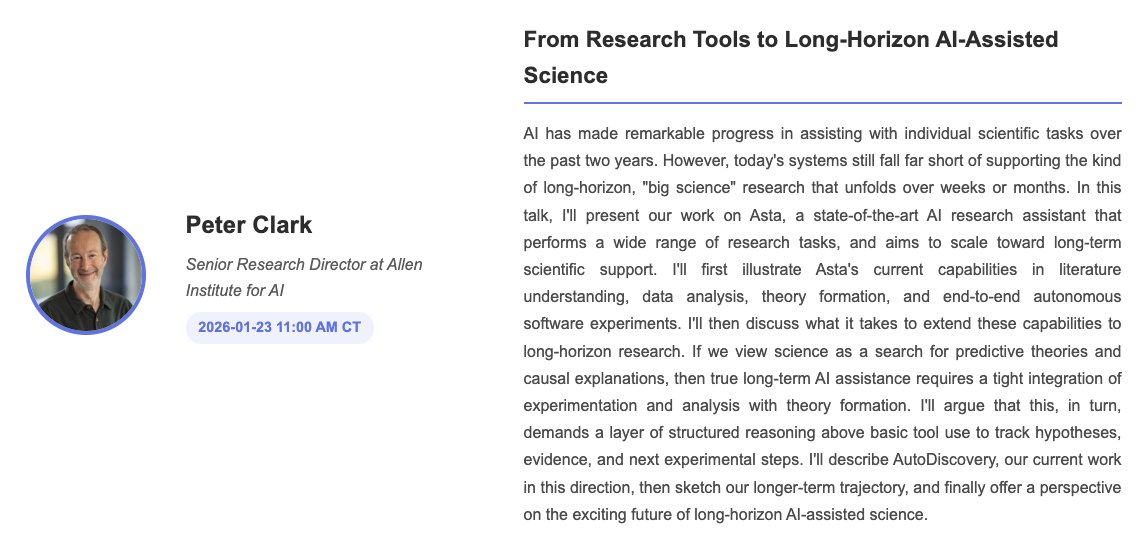 AImeetsScience's tweet image. Peter Clark from @allen_ai  will be speaking this Friday!

You can tune in either on

Zoom: uchicago.zoom.us/j/98978799846?…

Youtube: youtube.com/@AIScientificD…
Hope to see you there!
