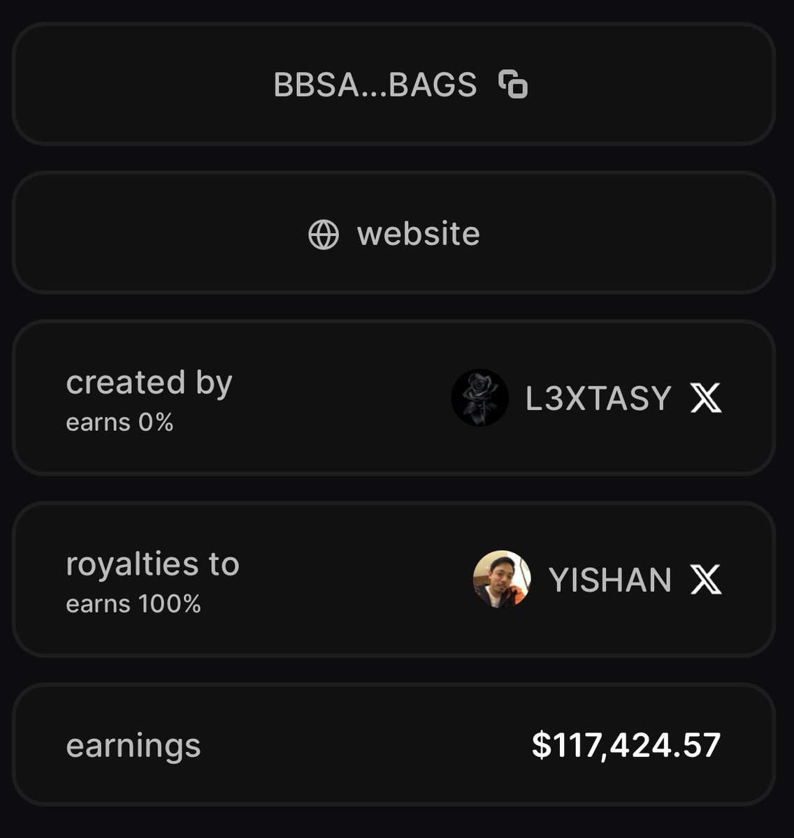 BNNBags's tweet image. UPDATE: $TERRA TOTALS $117,424 IN EARNINGS FOR @yishan AND @TF_Global AFTER LAUNCHING ON @BagsApp👏