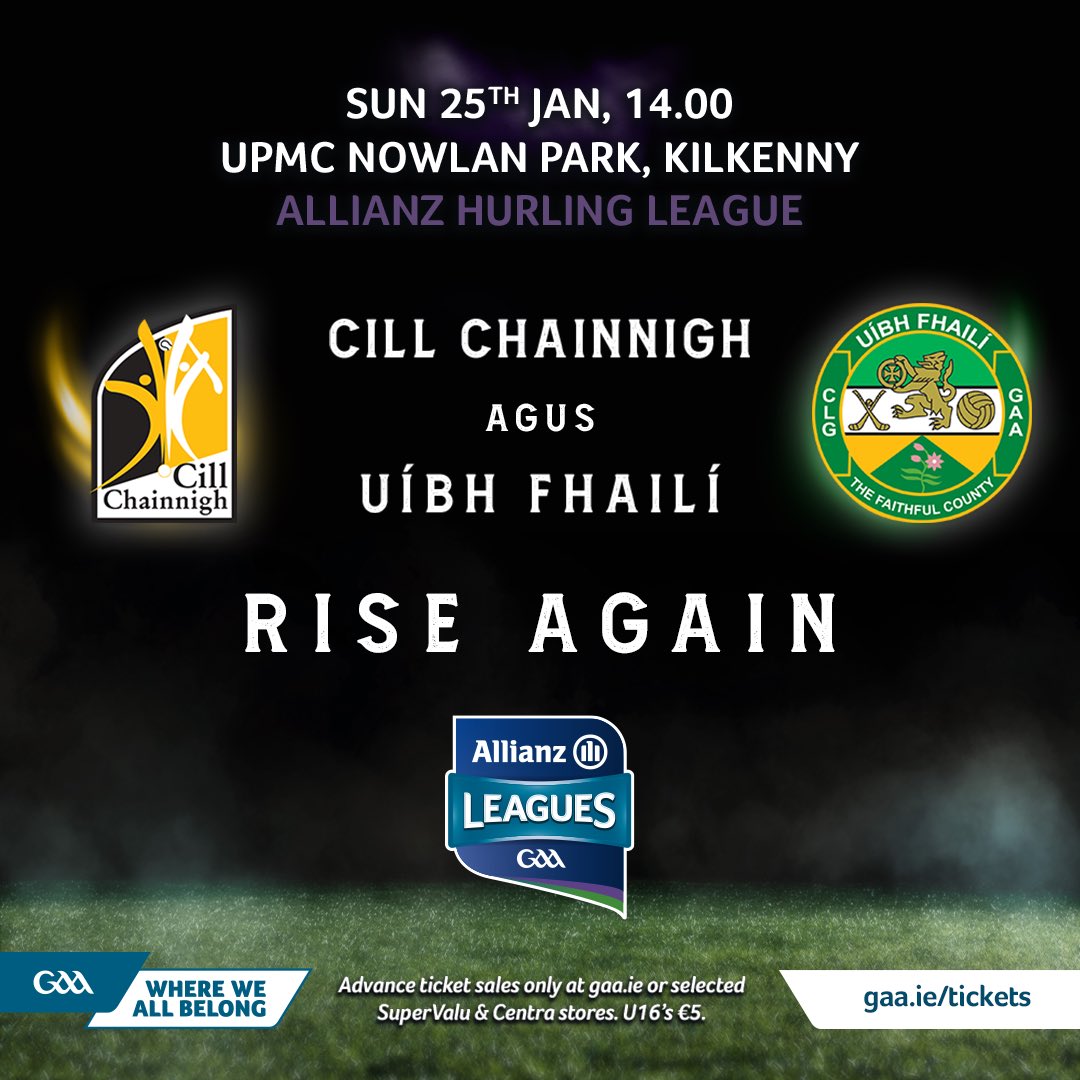 KilkennyCLG's tweet photo. Allianz Hurling League Round 1
 📍 UPMC Nowlan Park 🗓 Sunday 25th Jan ⏰ 2.00pm
 
Kilkenny open their Allianz Hurling League campaign at home to Offaly this weekend. 
 
🎟 Tickets at usual SuperValu & Centra stores or online at ➡️  https://t.co/LI8xEQmWSX

Bí linn agus tacaigh leis na Cait 🖤💛
 
#TheCats #BlackAndAmber #WearYourColours #KilkennyGAA #AllianzLeagues #GAA