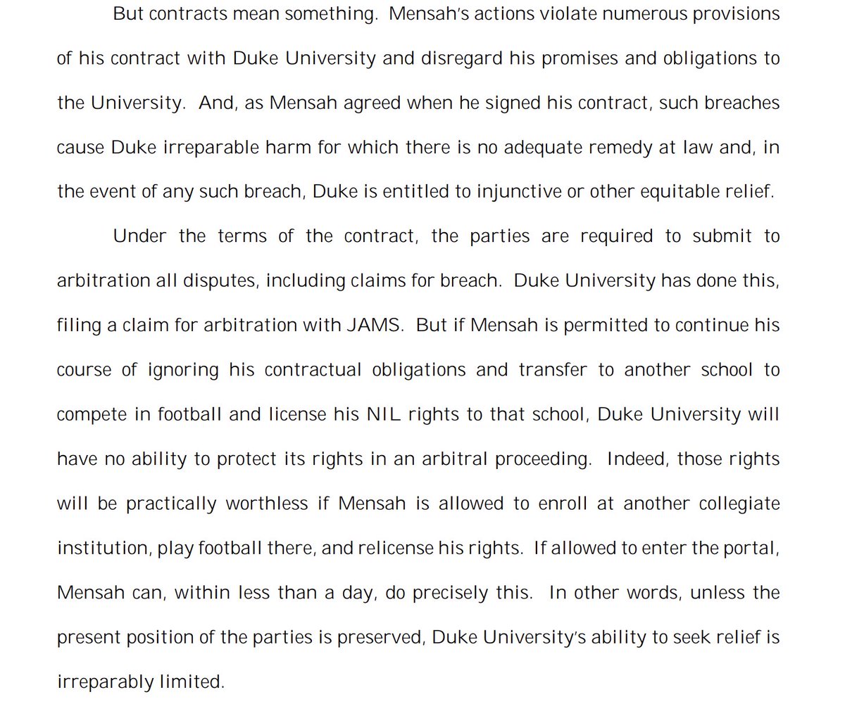 PeteThamel's tweet image. Key pieces from Duke's lawsuit against Darian Mensah: It requests a TRO from him entering the portal and a preliminary injunction preventing him from entering the portal, enrolling at another school and playing football at another school and licensing his NIL to another school.
