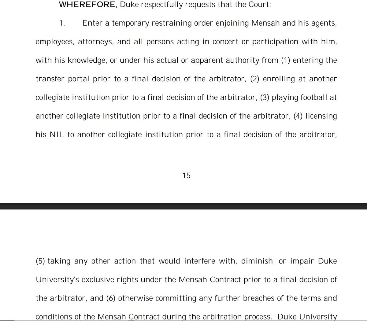 PeteThamel's tweet image. Key pieces from Duke's lawsuit against Darian Mensah: It requests a TRO from him entering the portal and a preliminary injunction preventing him from entering the portal, enrolling at another school and playing football at another school and licensing his NIL to another school.