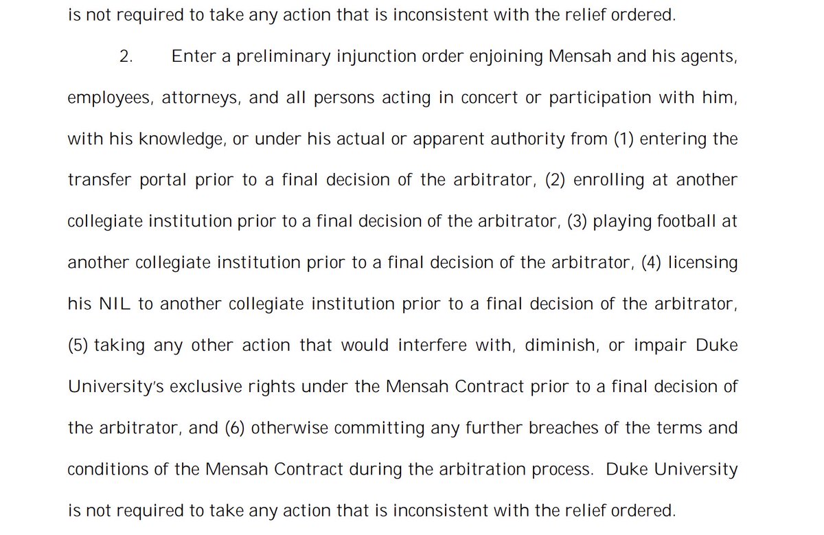 PeteThamel's tweet image. Key pieces from Duke's lawsuit against Darian Mensah: It requests a TRO from him entering the portal and a preliminary injunction preventing him from entering the portal, enrolling at another school and playing football at another school and licensing his NIL to another school.
