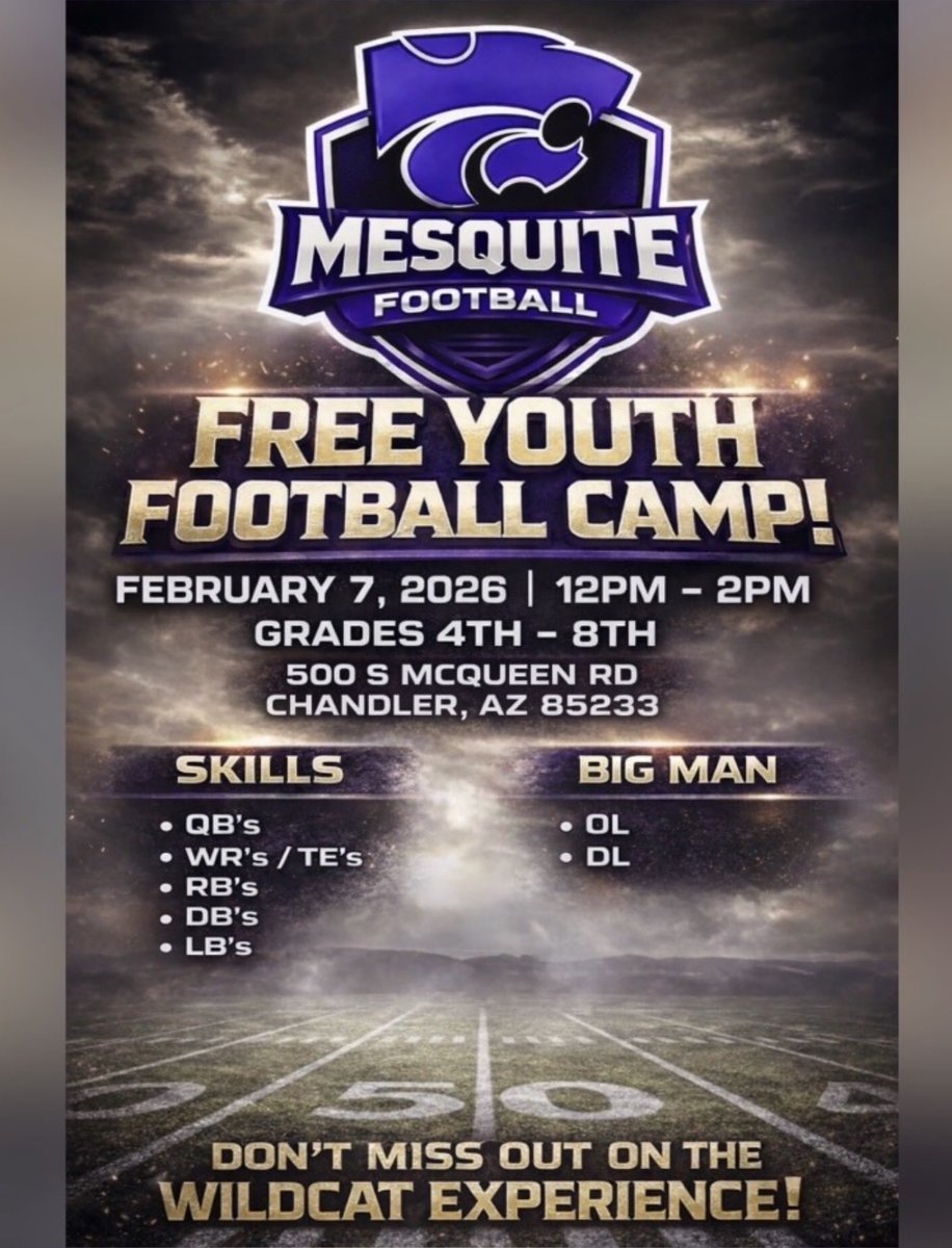 _CoachSmith9's tweet photo. MESQUITE WILDCATS YOUTH CAMP 2026
It’s FREE!!! Register now stops are filling up fast!!! @mesqwildcatFB @CoachJesseHart   @coachRoto1 @taylorgargiulo @SteveBerg_OC @MJHSmustangsGPS @SVJH_athletics @GrizzlyAthleti1 @WillisFirebirds 

Registration link: https://t.co/nWsG9xngLp https://t.co/xxVchdGHIA