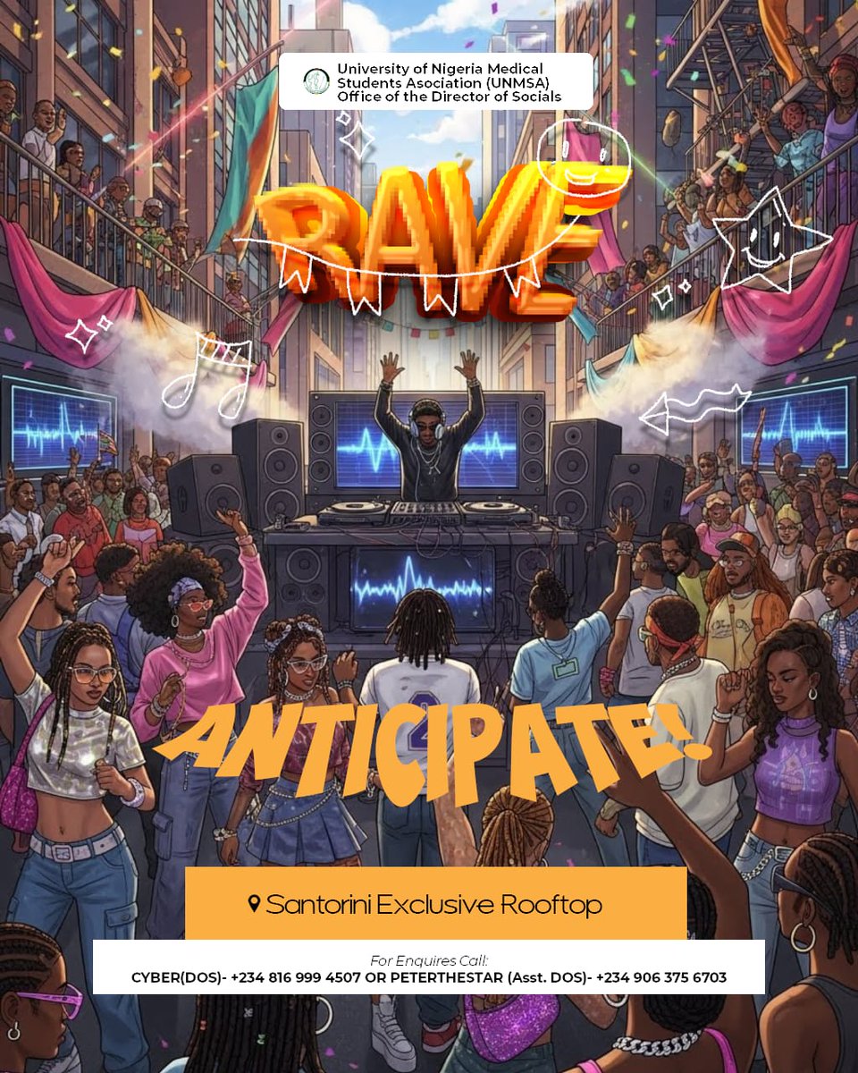 ✨ UNMSA, ARE YOU READY? ✨
After endless postings, sleepless nights, and anatomy that refuses to stick it’s finally time to LET LOOSE 🧠💃🕺
This night, we’re taking things to the top literally.
🌙 A rooftop party
🔥 First of its kind
🎶 Pure vibes, great music, insane energy