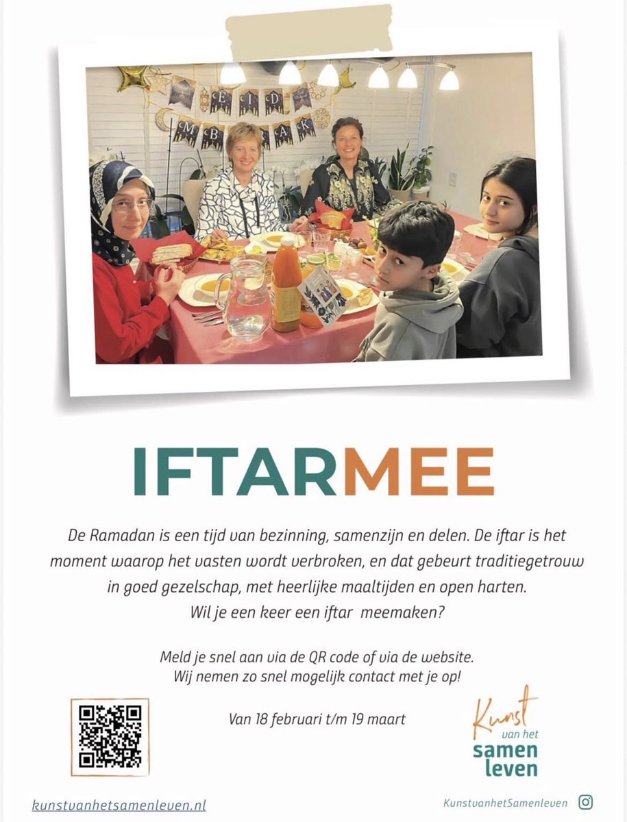 Wilt u meemaken hoe het is om bij een moslim gezin in de ramadan een iftar maaltijd bij te wonen? Geef je dan op via Iftar Mee en wij probeerden je te matchen met een geschikt gezin 
#KunstvanhetSamenleven #iftarmee