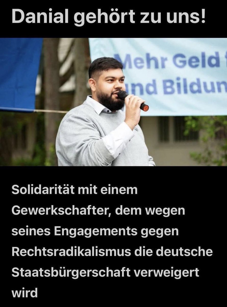 Solidarität mit dem Gewerkschafter Danial Bamdadi, dem wegen seines Engagements gegen Rechtsradikalismus die deutsche Staatsbürgerschaft verweigert wird. Danial gehört zu uns! ✊🏾❤️👇🏽

change.org/p/danial-gehör…