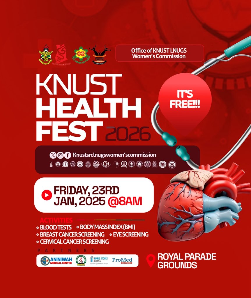 Knust_Wocom26's tweet photo. The Office of KNUST SRC/LNUGS Women’s Commission invites you to the KNUST HEALTH FEST 2026. We’re bringing essential health services right to your doorstep, and the best part? It’s absolutely FREE!

Let’s meet at the Royal Parade Grounds on Friday at exactly 8am! https://t.co/FVwBGF9hsH