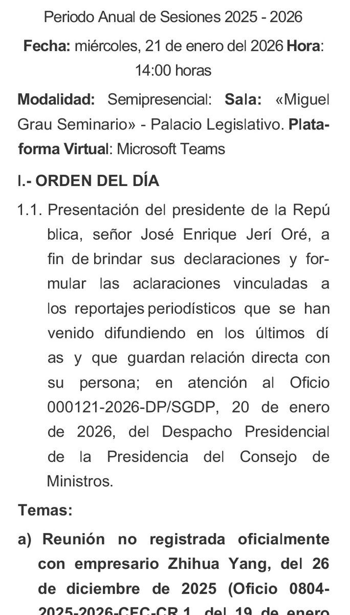 A las 2.00 pm será la sesión extraordinaria de comisión de fiscalización que recibirá al presidente José Jeri... Será a sala llena