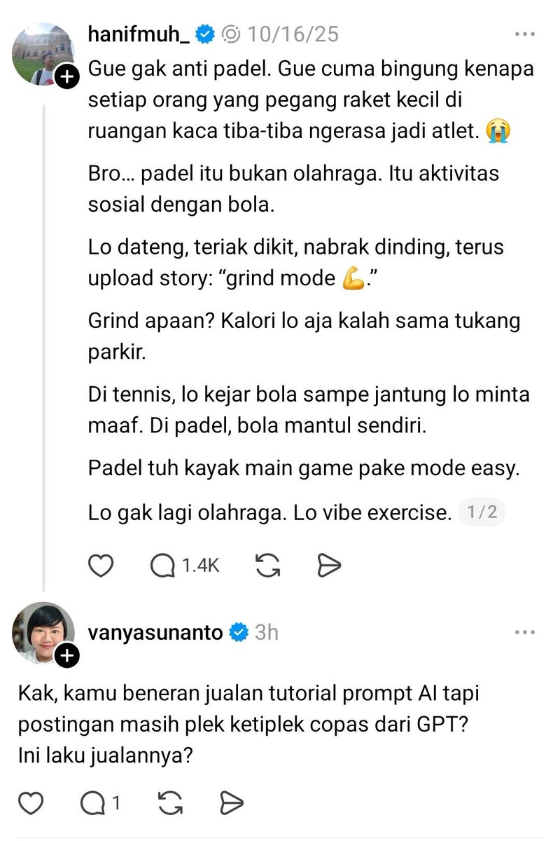 lynxluna's tweet image. Beginilah modelnya ya kawan-kawan ketika pakai AI &amp;amp; LLM buat skip proses dan hanya posting hasil tanpa judgement yang baik.

Orang ini mau roasting padel dengan dibandingin ama tenis. Tapi sayang LLM ga ada konteks karakter, majas, dan diksi yg biasa dia pakai. Dan konteks