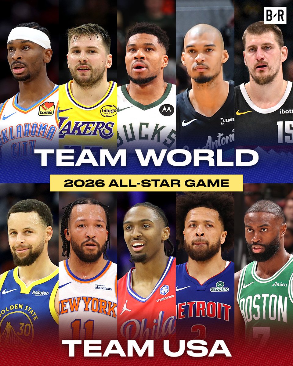BleacherReport's tweet image. Team USA vs. Team World's voted starters for the 2026 All-Star game 👀

USA's TALLEST starter and Team World's SHORTEST starter are both 6'6 (Jaylen Brown &amp;amp; SGA) 😅

Which team is winning?!