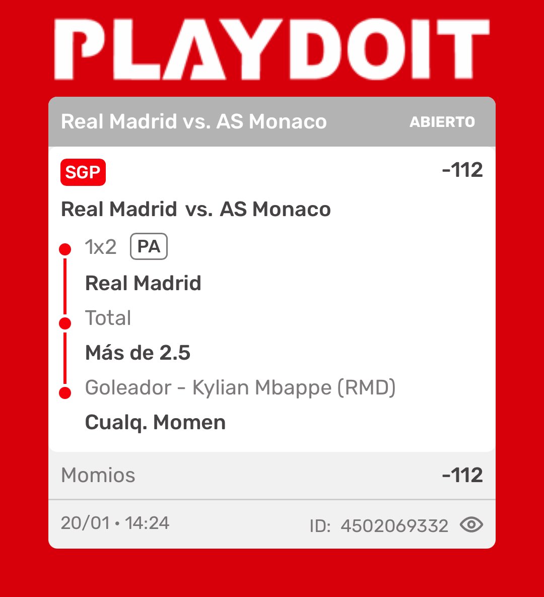 PatoPicksMx's tweet photo. ⚽️PICK UCL⚽️
Madrid vs Monaco
🔷 Crear Apuesta (-112)
🔹Madrid ML
🔹 Over 2.5
🔹Mbappe gol
💸 Apuesta 1.12U
Mal dia ayer quedandonos a .5 puntos de cobrar las dos
#FREEPICK #Picks #Apuestas #UCL #Bets #Betting #ApuestasDeportivas #PlaydoitMx https://t.co/PH0ahrIbNk