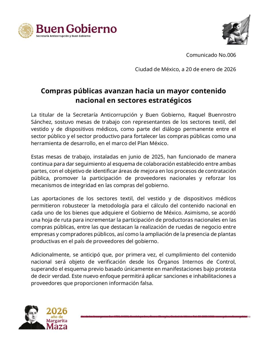 BuenGobierno_mx's tweet photo. #ComunicadoBuenGobierno

En el marco del #PlanMéxico, la titular de la Secretaría Anticorrupción y #BuenGobierno, Raquel Buenrostro, sostuvo mesas de trabajo con representantes de los sectores textil, del vestido y de dispositivos médicos, como parte del diálogo permanente entre el sector público y el sector productivo para fortalecer las #ComprasPúblicas como herramienta de desarrollo.

📄 https://t.co/1BIs7RLHDo