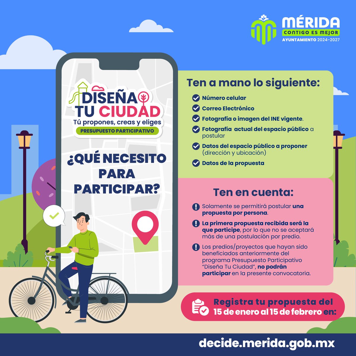 ¡Es momento de transformar tu rumbo! 🌳

Ya puedes ingresar a decide.merida.gob.mx y subir tu propuesta para rehabilitar o construir ese parque o área deportiva que tanto quieres. 💪