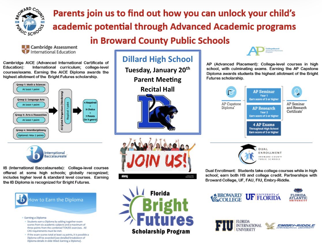 iAmCherolyn's tweet photo. Dillard 6–12 Families: 

Join us tonight at 6:00 PM for Advanced Academics Parent Night in the Recital Hall. Learn about district and school-based advanced academic programs. Park in the 27th Ave lot and enter via the bus loop. https://t.co/eC7AHM5TLe
