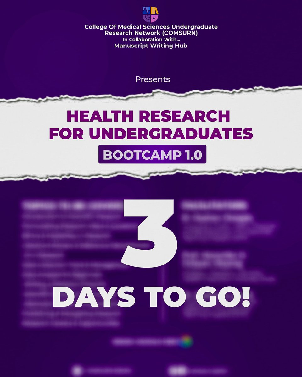 comsurn_benin's tweet photo. 🚨 Bootcamp Countdown! 🚨

Health Research for Undergraduates Bootcamp 1.0 starts soon.
📅 Jan 23–Mar 8 | Fri 6PM &amp; Sun 4PM (GMT+1)
💻 Online | ��� Free sessions | 🎓 Certificate (for a fee)

🔗 https://t.co/kSqWUEz9hD

#COMSURN #UndergraduateResearch #MedicalResearch https://t.co/nH06Uczynw