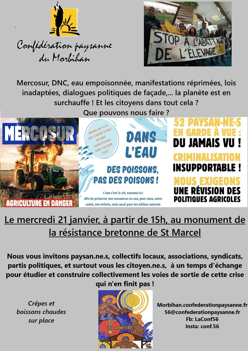 ConfPaysanne's tweet image. #DNC #StopUEMercosur : la Confédération paysanne mobilisée demain dans le #Morbihan pour un grand rassemblement à Saint Marcel. Paysan, paysannes, syndicats, citoyens et citoyennes 
👉📍 rdv à 15h devant le monument de la résistance bretonne.