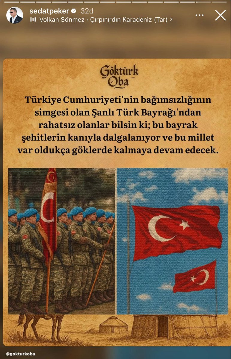 🔴 Sedat Peker:

"Türkiye Cumhuriyeti'nin bağımsızlığının simgesi olan Şanlı Türk Bayrağı'ndan rahatsız olanlar bilsin ki; bu bayrak şehitlerin kanıyla dalgalanıyor ve bu millet var oldukça göklerde kalmaya devam edecek."