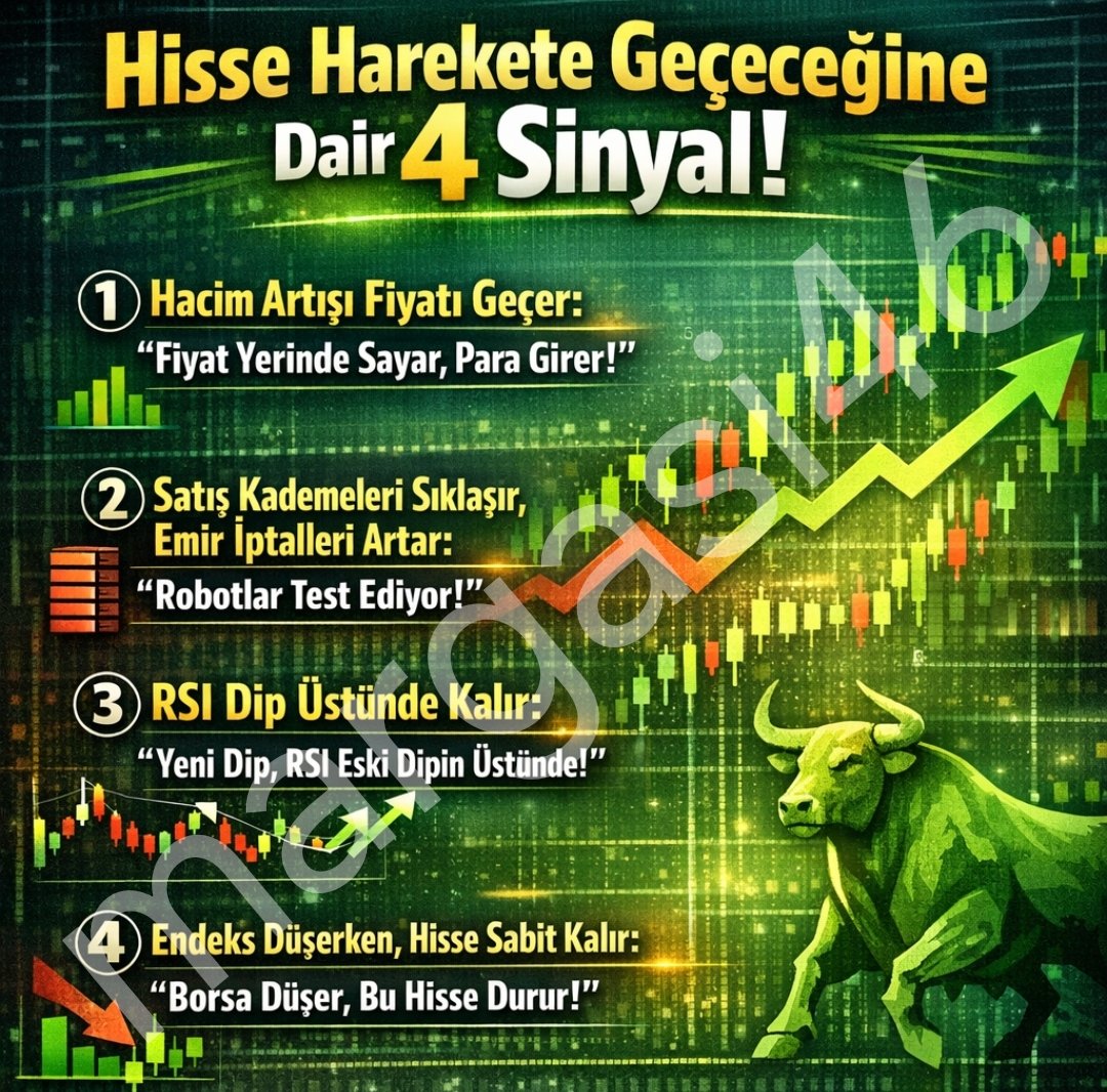 Bir #hisse nin harekete başlayacağının haberci sinyalleri vardır, en basit leri⬇️
1️⃣ Hacim artışı fiyatı geçmeye başlar. Fiyat yerinde sayar ama para girişi başlar, bu sessiz toplanmadır.
2️⃣ Derinlikteki satış kademeleri sıklaşır ama emir iptalleri artar. Bu, robotların test