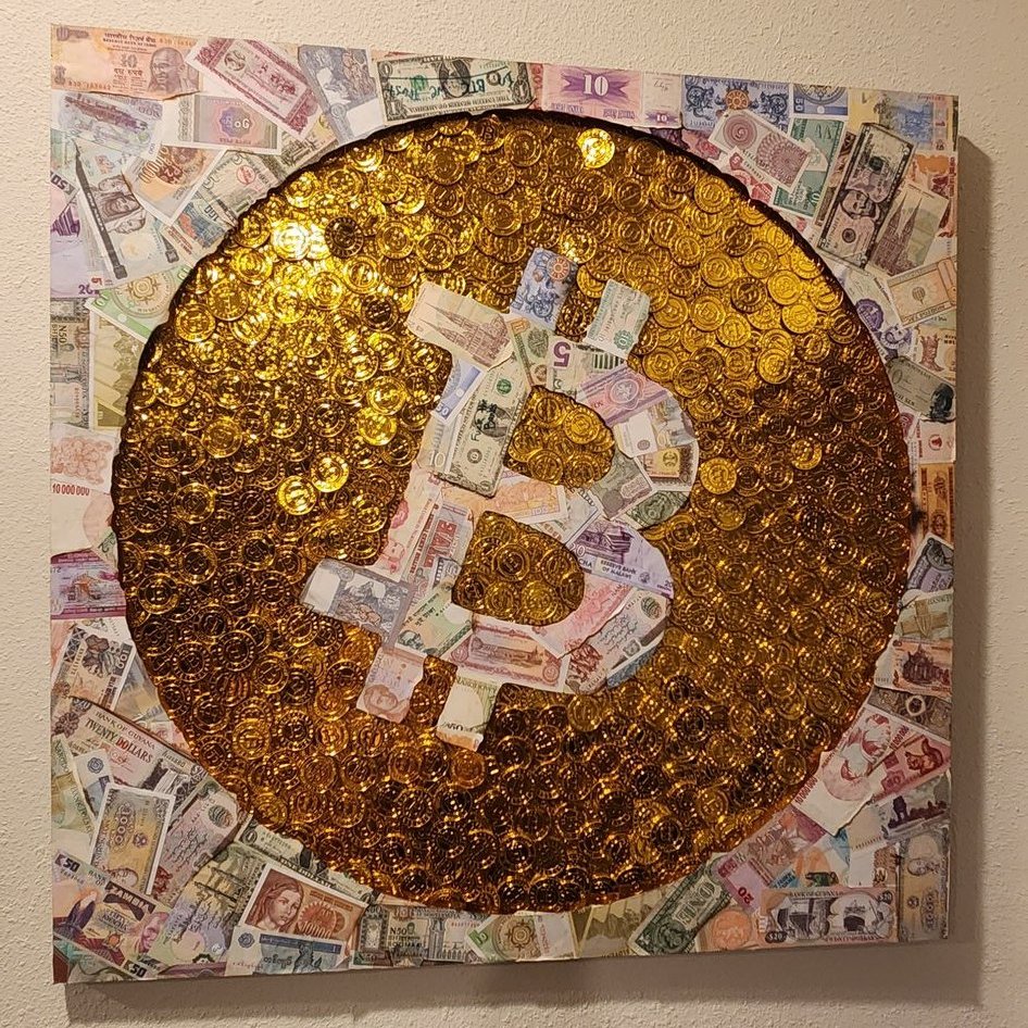 Collaged with real hyper-inflated fiat currency from around the world. With  freshly mined Bitcoin burning thru. 650 of them, to be exact.