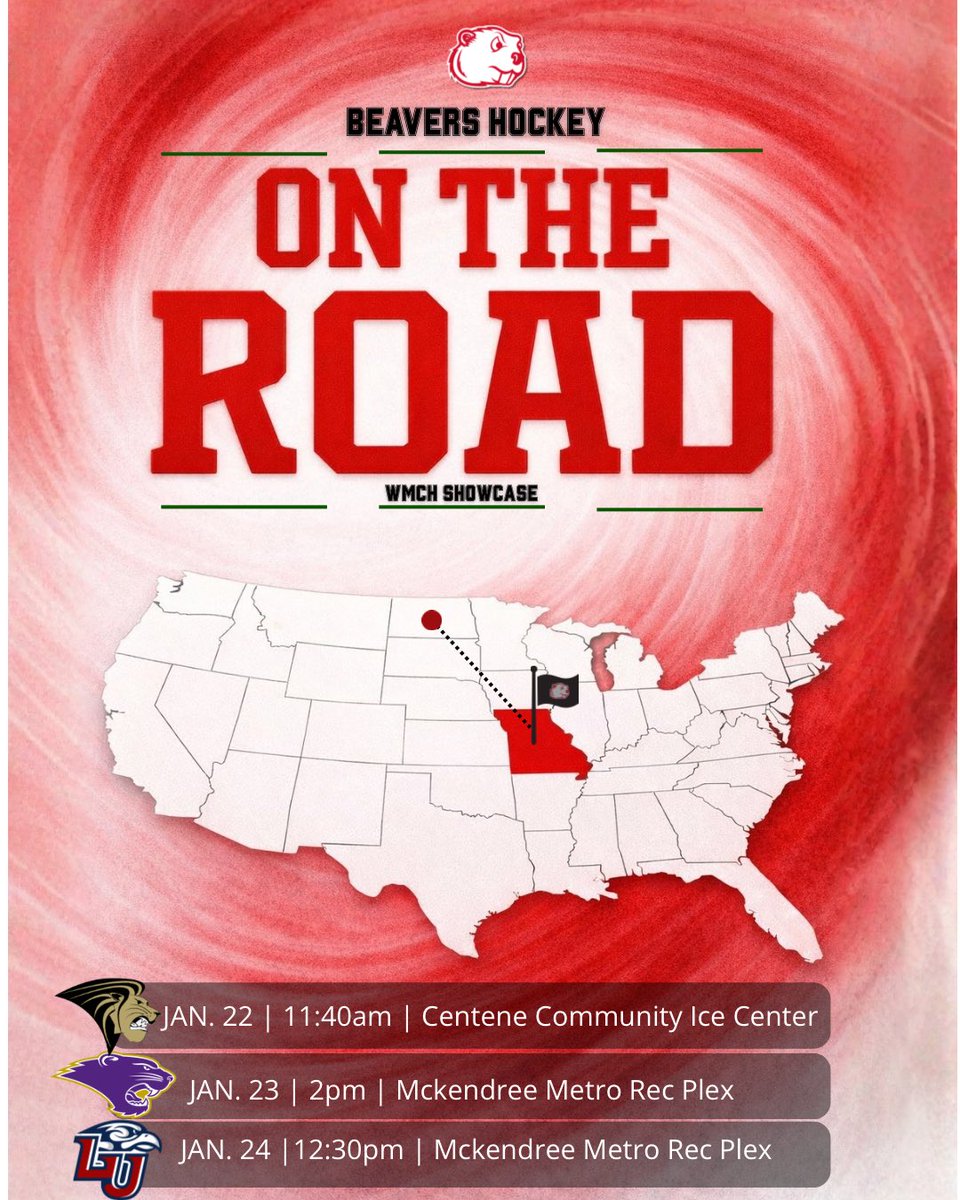 BEAVERS ON THE ROAD
Missouri, we’re coming.
The Beavers head south for the WMCH Showcase and it’s going to be a WEEKEND.

🗓️ Thursday: vs Lindenwood University
🗓️ Friday: vs Mckendree University
🗓️ Saturday: vs Liberty 
🗓️ Sunday: All-Star Game ⭐

Buckle up. It’s game time. 🦫🧳