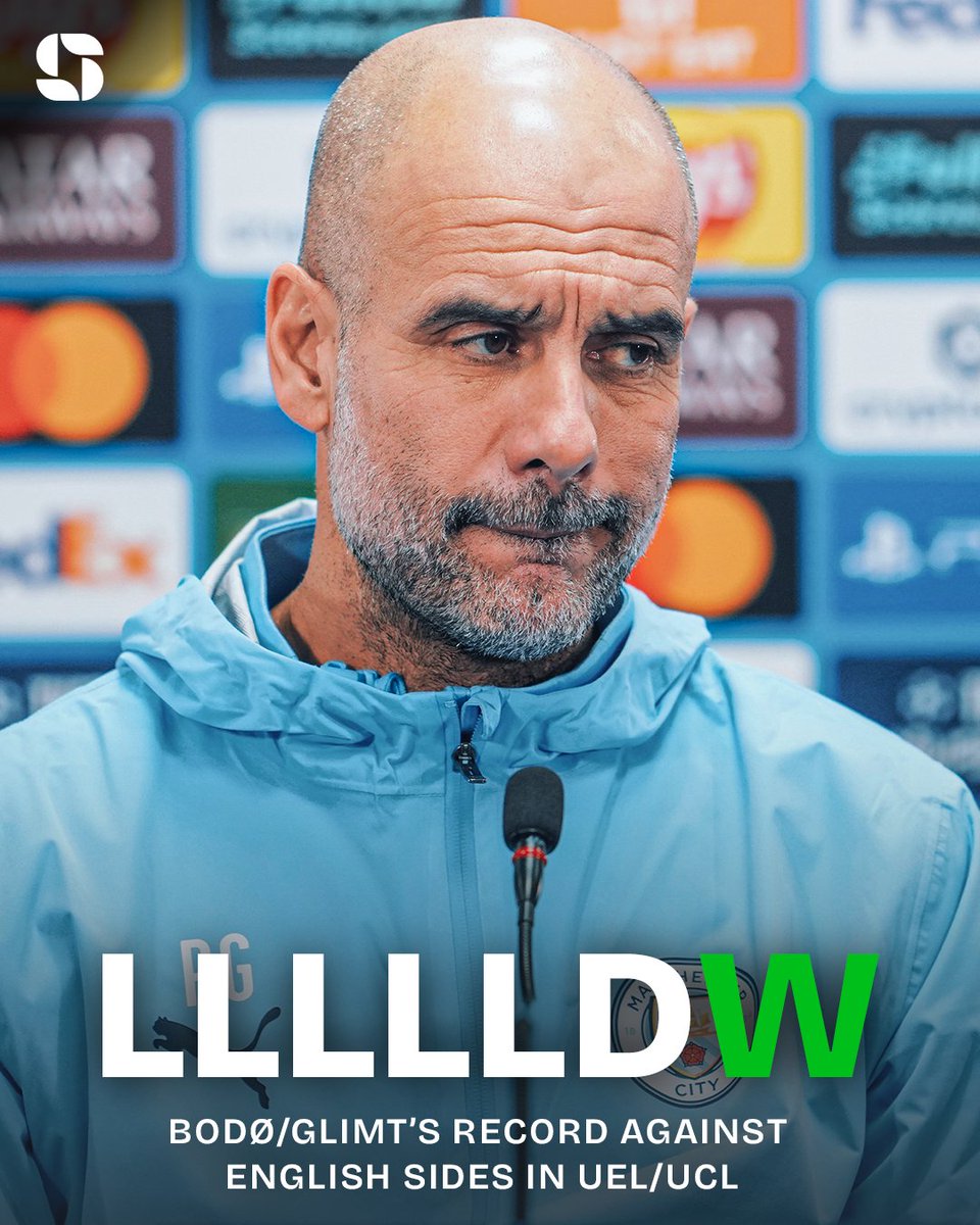 Manchester City become the first EVER English side to lose to Bodø/Glimt in a major European competition. 😱

Bodø/Glimt’s record against English sides in UEL/UCL:

◎ L 3-0 vs. Arsenal
◎ L 0-1 vs. Arsenal
◎ L 3-2 vs. Man Utd
◎ L 3-1 vs. Tottenham
◎ L 0-2 vs. Tottenham
◎ D