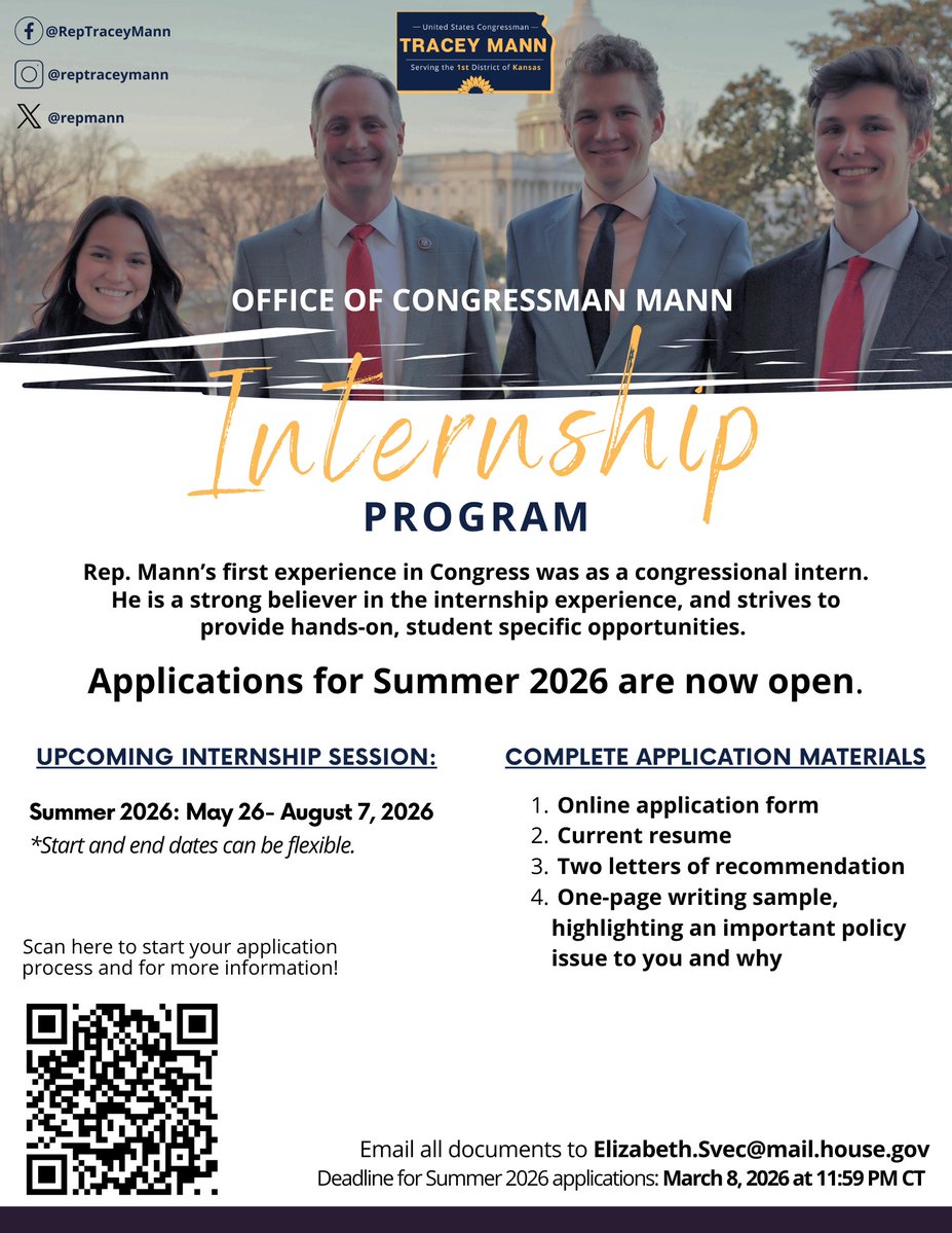 RepMann's tweet image. Applications for my summer internship program are open. Students are welcome to apply for internships in my Washington, DC, Dodge City, and Manhattan offices.

If you or someone you know would like to apply for a paid internship with my office, you can find more details below or…