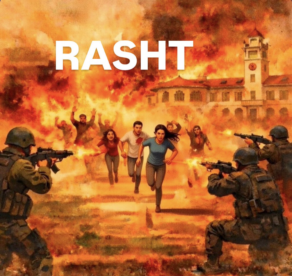 در شهر من رشت به مردمی که از آتش با دستان بالا فرار میکردند شلیک کردند . 
In my city, Rasht, security forces opened fire on people who were fleeing the flames with their hands raised.

In meiner Stadt Rasht wurde auf Menschen geschossen, die mit erhobenen Händen vor den Flammen