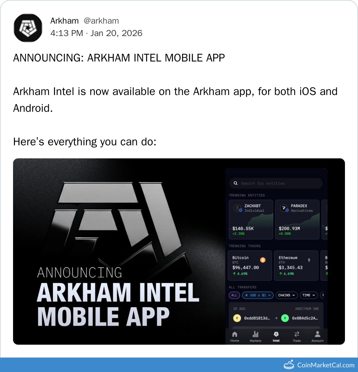 🆕 New Arkham $ARKM event! 20 Jan 2026 Arkham Intel Mobile App Source:  https://t.co/AsyYDhe6Yd