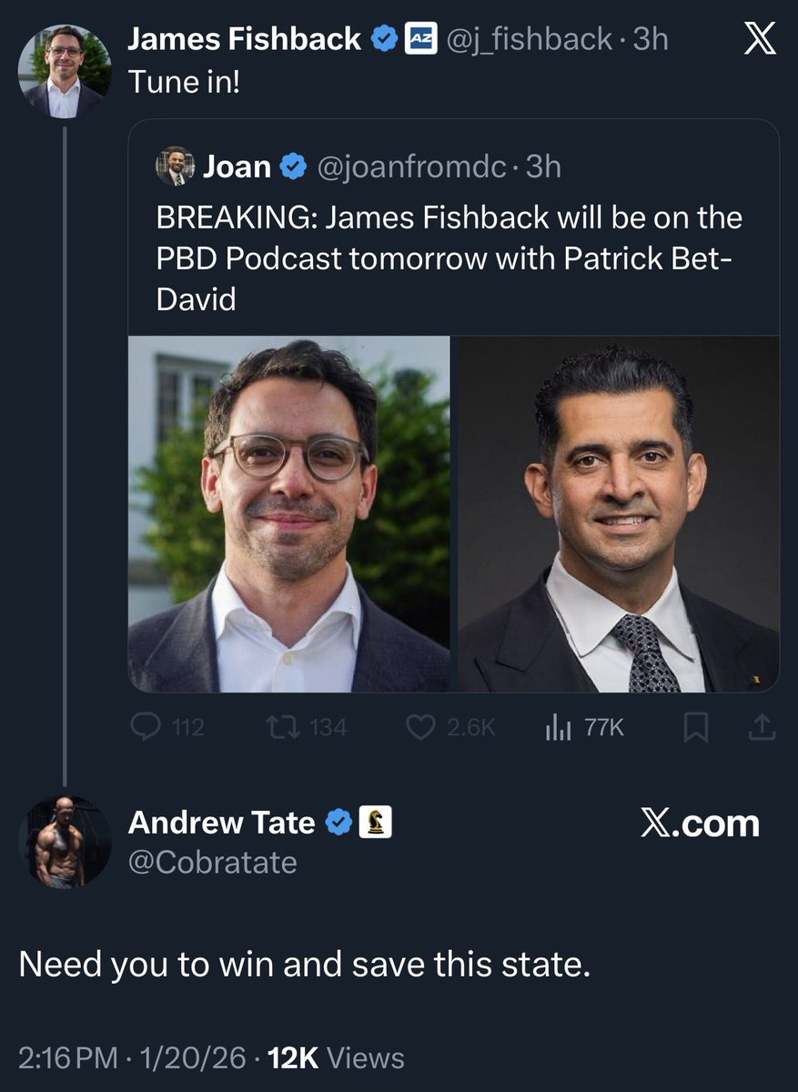 MaxNordau's tweet image. Breaking: Sex trafficker Andrew Tate endorses groomer James Fishbeck.

Birds of a feather.