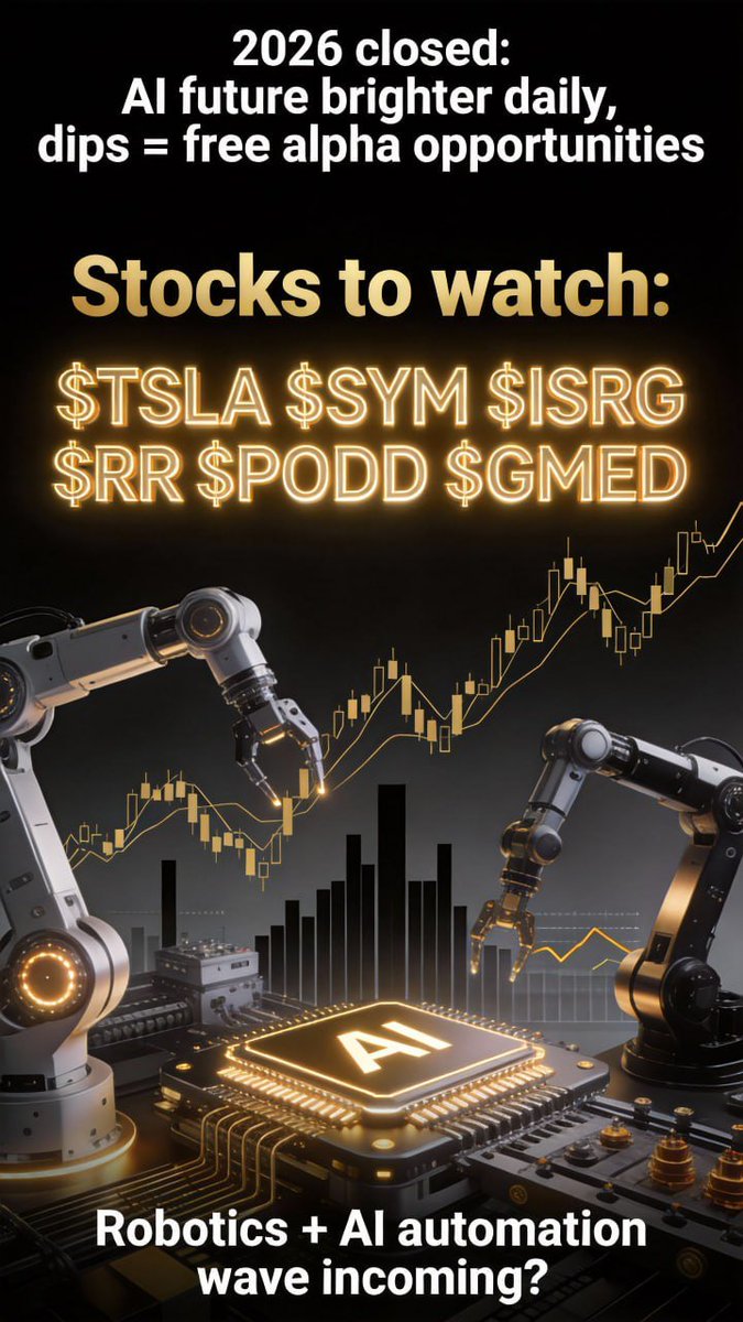 Korbivesus's tweet photo. 2026 closed: AI future brighter daily, dips = free alpha opportunities 🎯
Stocks to watch: $TSLA $SYM $ISRG $RR $PODD $GMED
Robotics + AI automation wave incoming? 🤖 
#AI #Robotics https://t.co/KJg1rb6pqC