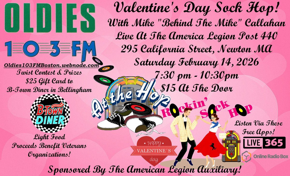 MBTMCallahan's tweet photo. Join me on Saturday February 14th at the Sons of the American Legion Post 440 in Newton from 7:30pm - 10:30pm for the Oldies 103 Valentine’s Day Sock Hop! Twist contest &amp; prizes including station t shirts, bags &amp; a $25 gift card to the B-Town Diner in Bellingham! $15 at the door! https://t.co/XiukPkVWlv