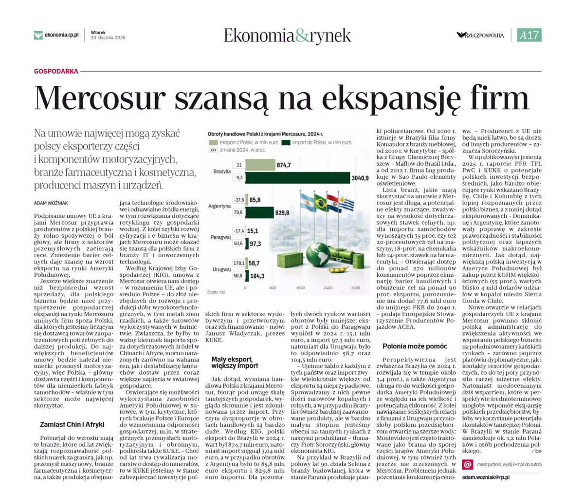 Rzeczpospolita (20.01.2026): Na umowie z Mercosur najwięcej mogą zyskać polscy eksporterzy części i komponentów motoryzacyjnych, branże farmaceutyczna i kosmetyczna, producenci maszyn i  urządzeń

Daliśmy sobie narzucić narrację lobby rolnego, a umowa jest szansą dla wielu branż.