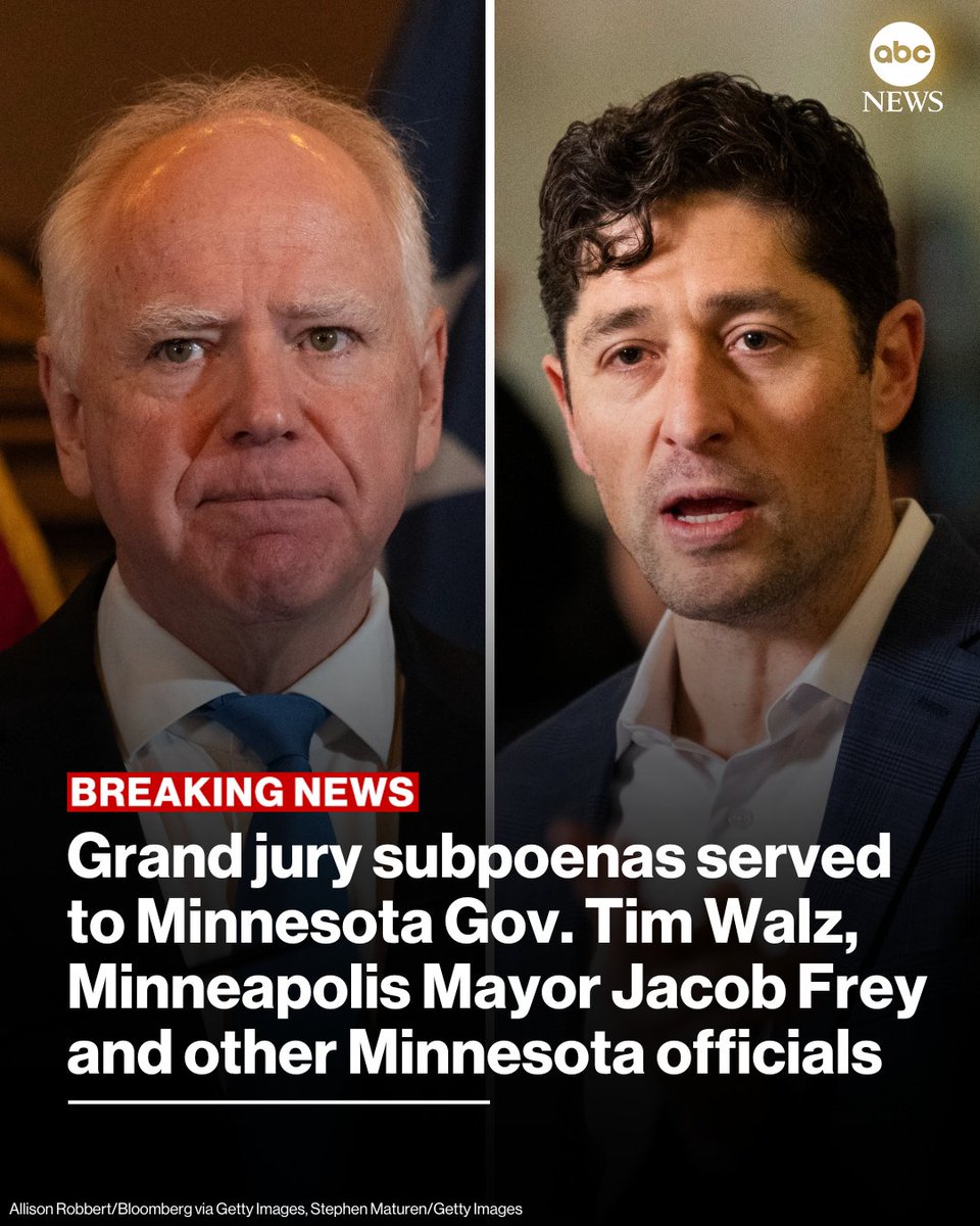 NEW: Grand jury subpoenas were served to Minnesota Gov. Walz, Minneapolis Mayor Frey, Minnesota Attorney General Ellison, St. Paul Mayor Her, Ramsey County Attorney Choi, and Hennepin County attorney Moriarty, according to officials. abcnews.link/rzvmFnd