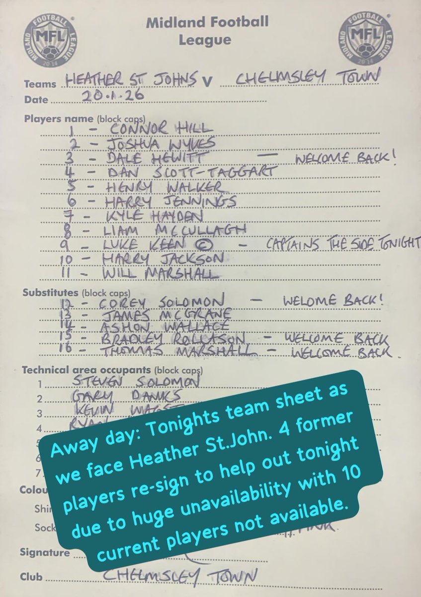 Here’s how we line up for tonight’s <a href="/MidlandLeague/">Capelli Sport Midland Football League</a> game v <a href="/HSJFC_Official/">Heather St Johns FC</a> 

#upthechembo