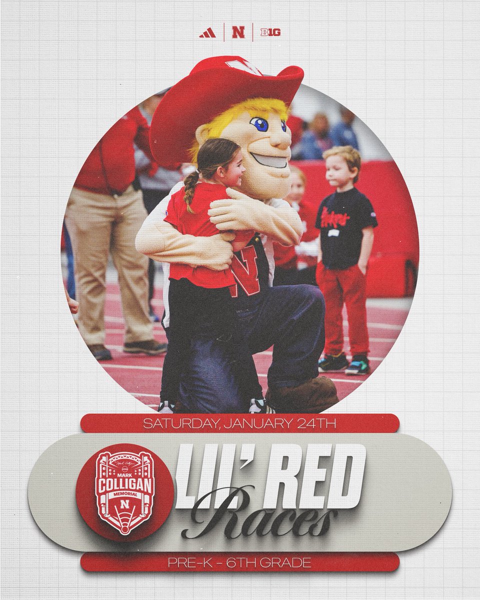 HuskerTFXC's tweet image. Calling all speedsters for this Saturday's Lil' Red Dash! 🏃‍♂️💨

🗓️ Mark Colligan Memorial
📍 Devaney Center Indoor Track
⌚️ 11:30am CT
ℹ️ Register today! » go.unl.edu/lilredraces26