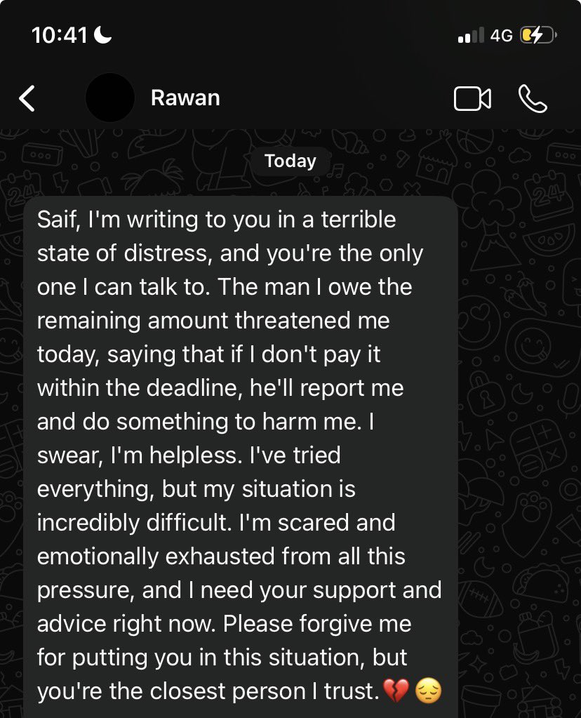 SaifQuadri's tweet photo. https://t.co/KIzXrNoRKa

Okay. So earlier this month, the donor (you can see who it is, bless him) sent funds for Rawan’s camp. Rawan asked her camp what they wanted, they all said chicken because they had been deprived of meat for a year. She took the decision to feed the entire camp chicken 
and paid a portion to the merchant from the donor’s funds but because the total cost was $7000, she was still short about $4000. 

Rawan tried to raise the remaining amount to pay back the merchant but she and I haven’t been able to yet. Now he’s getting impatient and threatening to report her, and has given a final deadline of 4 days. 

We need some big contributions to pay the debt. Your money will retroactively go towards having fed an entire camp chicken on January 5.

Can we somehow get $500/$1000 contributions???? 

Can everyone pls RT? Especially wrestling twitter? 

Rawan is under so much pressure and so am I.