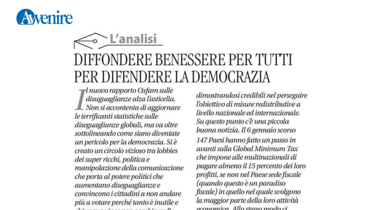 "Diffondere benessere per tutti per difendere la democrazia" - Da leggere su <a href="/Avvenire_Nei/">𝐀𝐯𝐯𝐞𝐧𝐢𝐫𝐞</a>, l'editoriale di <a href="/Leonardobecchet/">Leonardo Becchetti</a> sul nostro report " Nel baratro della #disuguaglianza. Come uscirne e prendersi cura della #democrazia"  👇