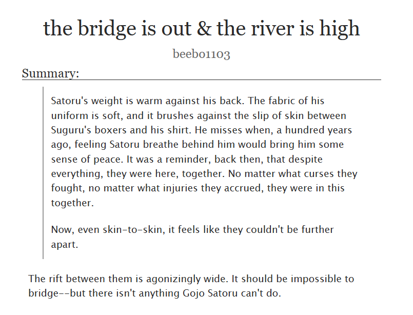 cartsurfpenguin's tweet photo. new #gego fic for @gegoficevent <3

the bridge is out &amp; the river is high - https://t.co/Js9b5yVDYn

i promise this one is a hopeful ending guys https://t.co/DhxLVp0lNC