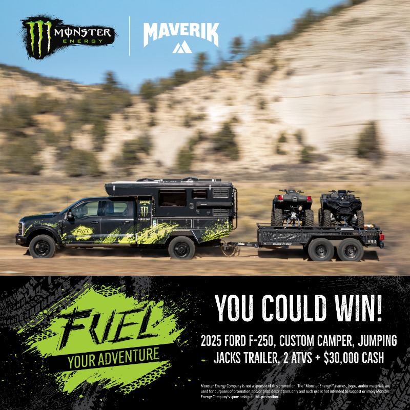 Maverik's tweet photo. Maverik’s Adventure Club teamed up with Monster Energy to give away a Ford F-250, a camper, two ATVs and a trailer, plus $30k.