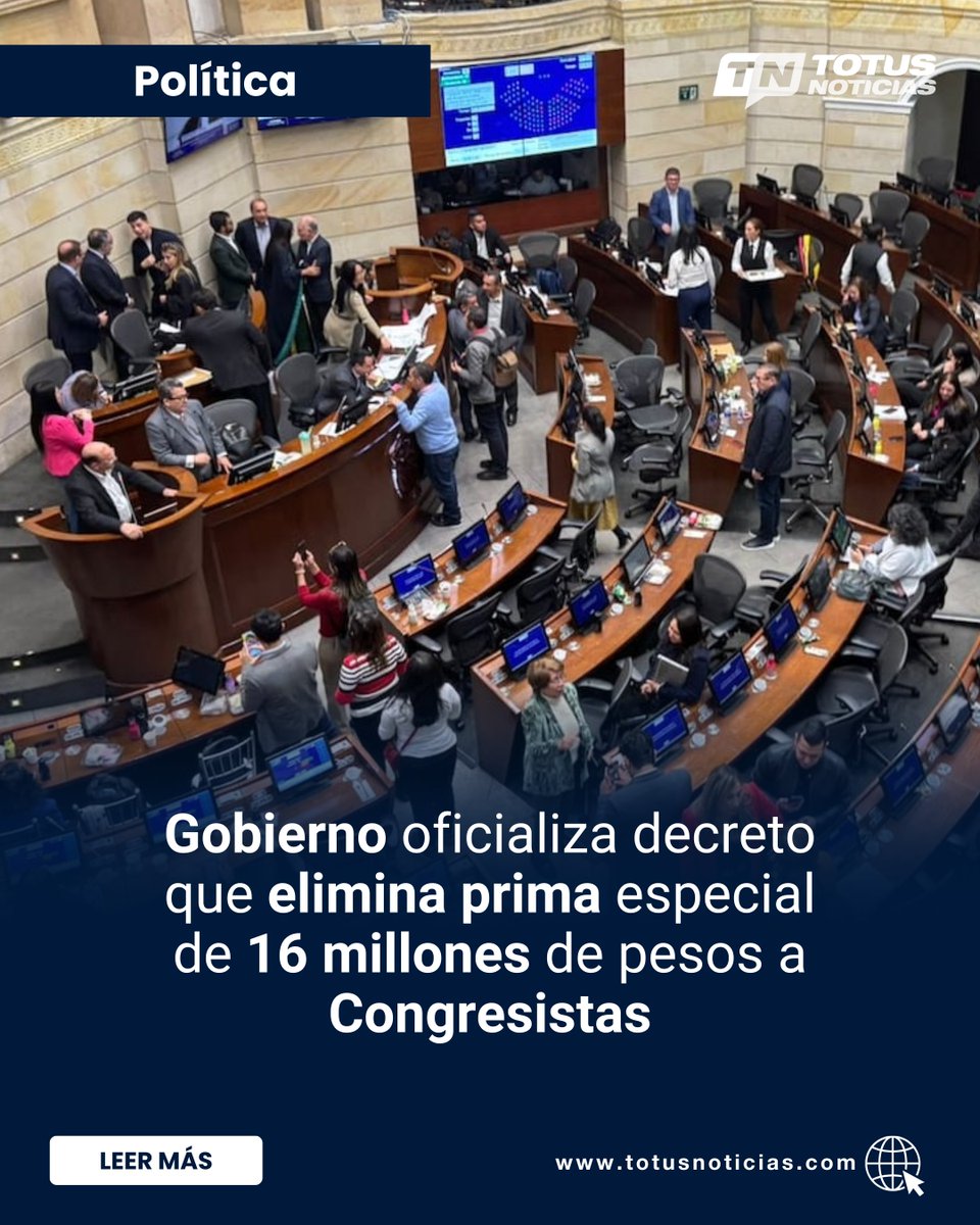 #Política | El Gobierno Nacional expidió el decreto que formaliza la eliminación de la prima especial de servicios para los miembros del Congreso de la República. 

totusnoticias.com/gobierno-ofici…