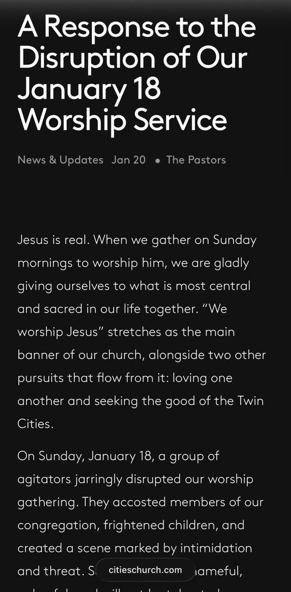 megbasham's tweet photo. 🚨🚨The pastors and elders of Cities Church in St. Paul released a statement today on what happened during their worship service on Sunday.

Said the elders: “Invading a church service to disrupt the worship of Jesus — or any other act of worship — is protected by neither the Christian Scriptures nor the laws of this nation.”

Amen. Read it all here: https://t.co/wzPy63KucZ